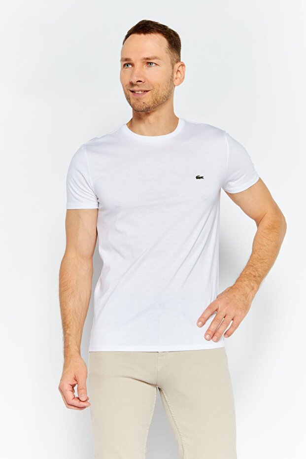 Men Crew Neck Short Sleeves Embroidered Logo T-Shirt, White