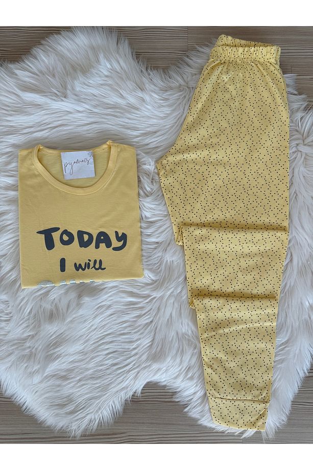 Sarı Puantiye Desenli Pamuklu Kısa Kol Örme Pijama Takımı - 1