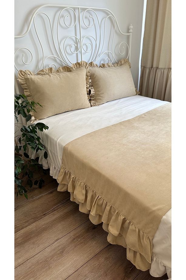 Bej Rengi Çift KatFırfırlı Yatak Runner Seti Çift Kişilik - 4