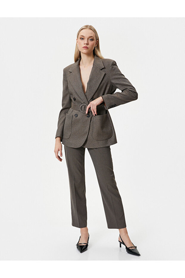 Double Breasted Belted Blazer Jacket - Buttoned Pocket - 2