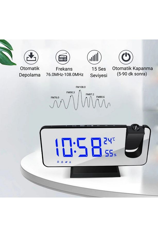 FM Radyolu Projeksiyonlu LED Dijital Masaüstü Alarm Saat Sıcaklık USB Ayna Tasarım - 6