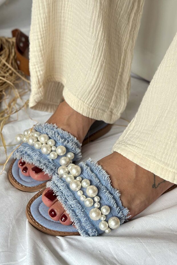 Mila Blue Denim Pearl Detail Women's Slippers