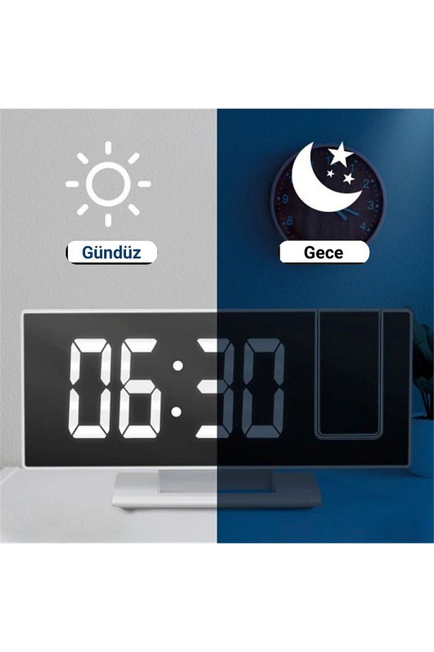 FM Radyolu Projeksiyonlu LED Dijital Masaüstü Alarm Saat Sıcaklık USB Ayna Tasarım - 8