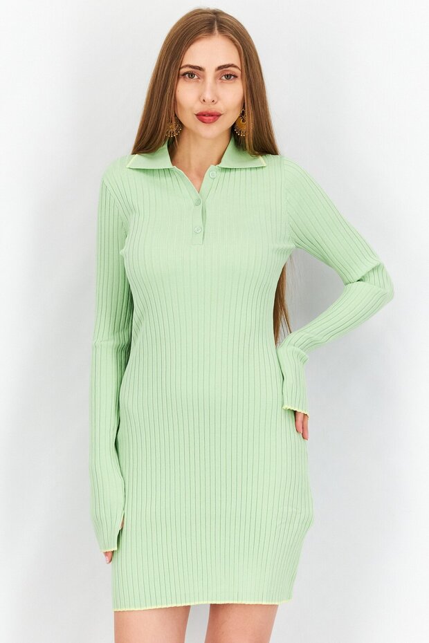 Women Spread Collar Long Sleeve Ribbed Mini Dress, Green