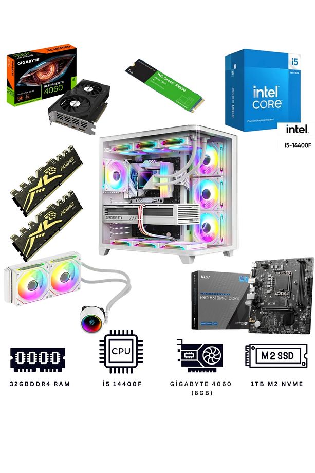 White Sea 32X İ5 14400F 32GB DDR4 1TB NVME M.2 RTX4060 Ekran Kartlı Oyuncu Bilgisayarı - 1
