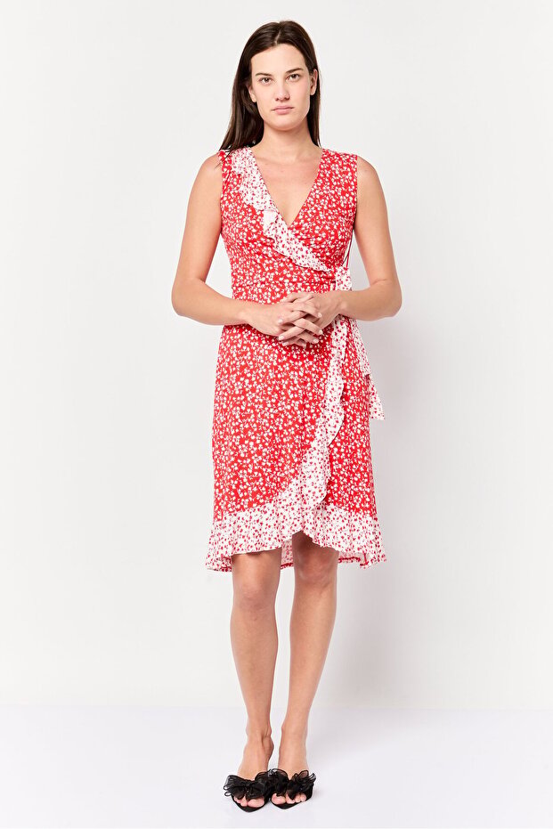 Women Floral Print Wrap Dress, Red