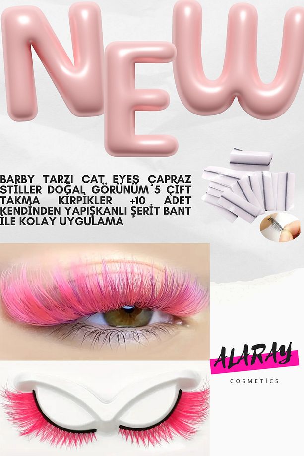 RENKLİ TAKMA KİRPİKLER 5ÇİFT PİNK TAKMA İPEK KİRPİK+10 ADET YAPIŞTIRICI BANT - 3