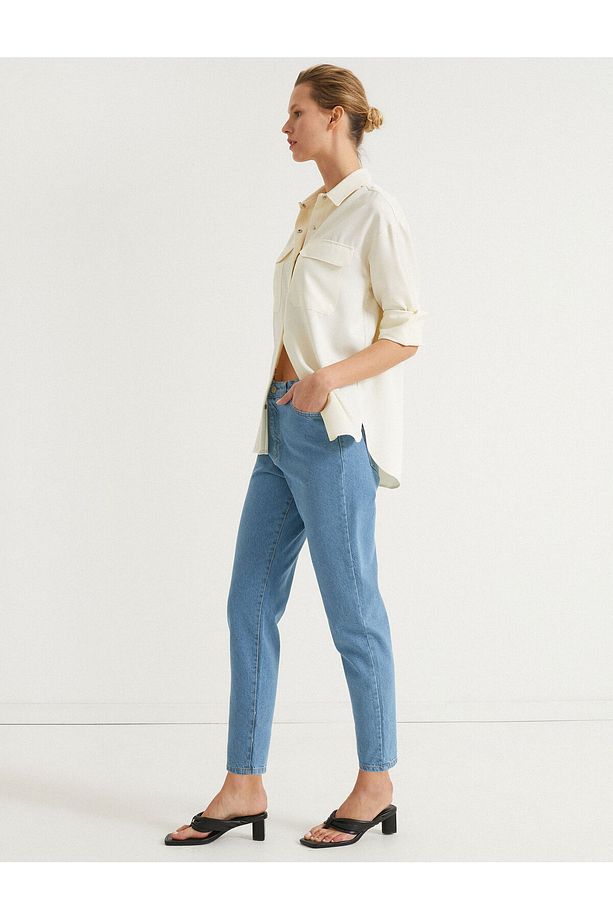 Pamuklu Yüksek Bel Mom Jean - Normal Bel Dar Kesim Dar Paça Pantolon - 2