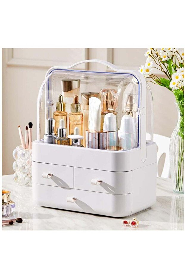Makeup Storage Box with Lid & Drawer, Waterproof Dustproof 10.43x7.16x13.66in White