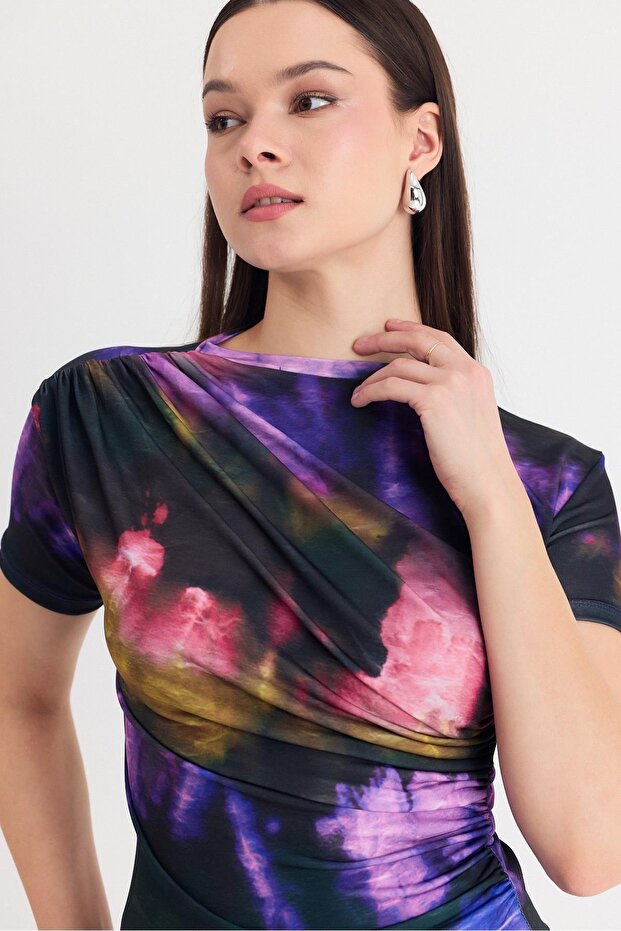 Purple Patterned Gathered Sandy Blouse 12303 - 4