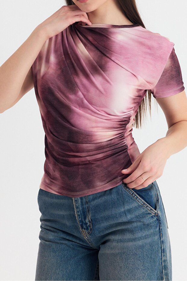 Pink Patterned Gathered Sandy Blouse 12303 - 4