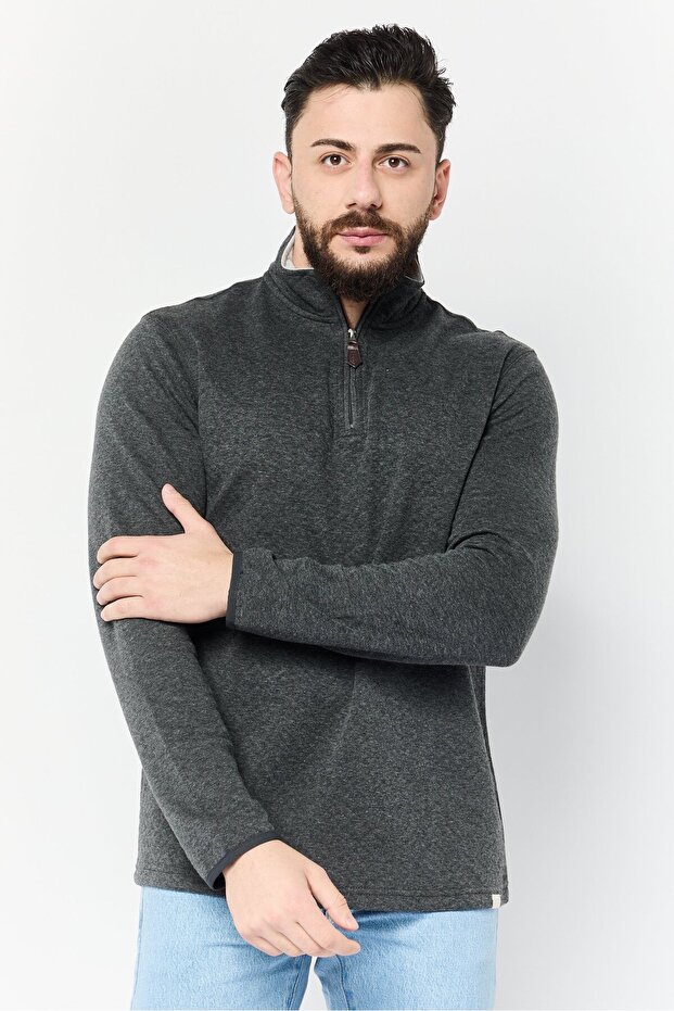 Men High Neck Heather Long Sleeve Sweatshirt, Charcoal