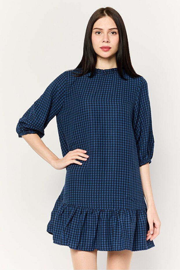 Women Checkered Mini Dress, Navy Blue