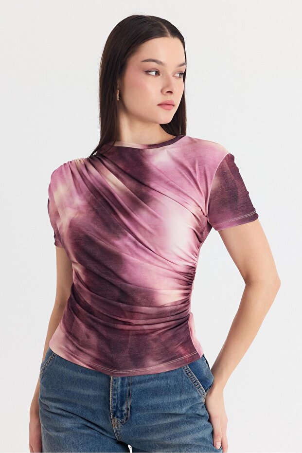 Pink Patterned Gathered Sandy Blouse 12303 - 6