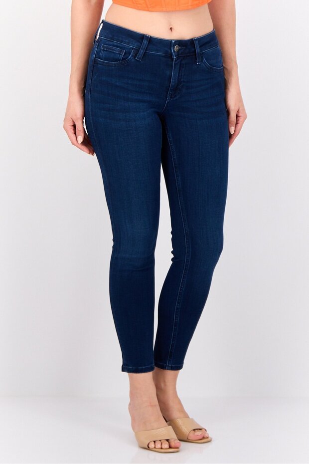 Women Skinny Fit Mid Rise Straight Leg Stretchable Jeans, Dark Blue