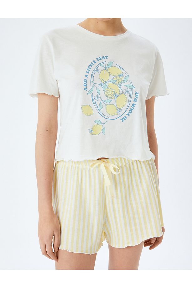 Pamuklu Limon Baskılı Kısa Kollu Şortlu Örme Pijama Takımı - 5