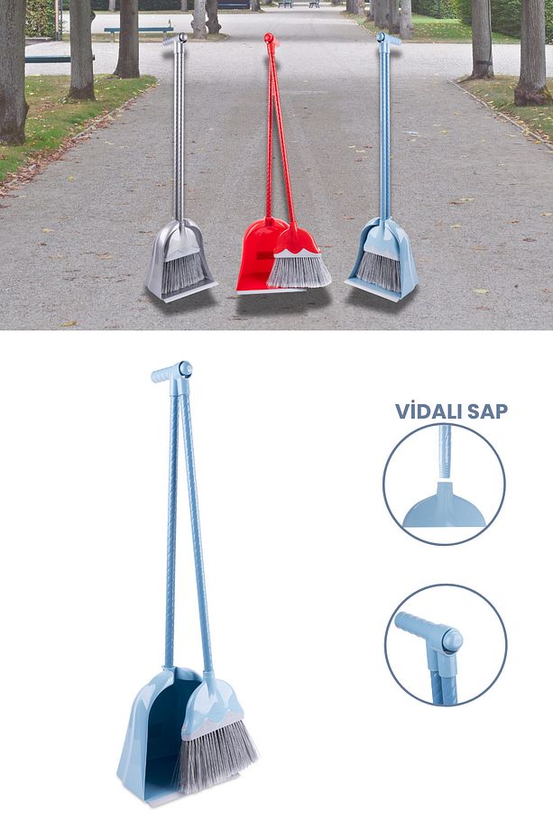Mega Hazneli Süpürgeli Faraş, Vidalı Saplı Lastik Uçlu Büyük Hazneli Süpürgeli Faraş Mavi - 1