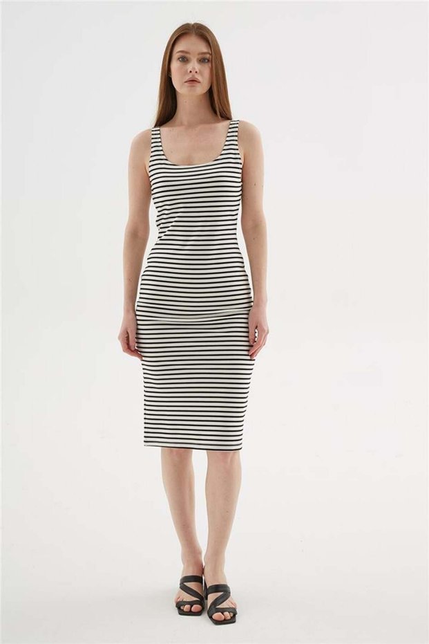 Square Neck Midi Dress Ecru Striped