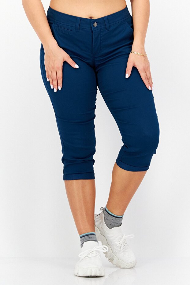 Women Petite Fit Solid Pant, Teal Blue
