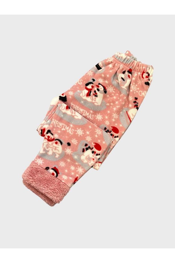 Kız Çocuk Pembe Kardan Adamlar Altı Gece Temalı Desenli Uzun Kollu Kışlık Polar Pijama Takımı - 5