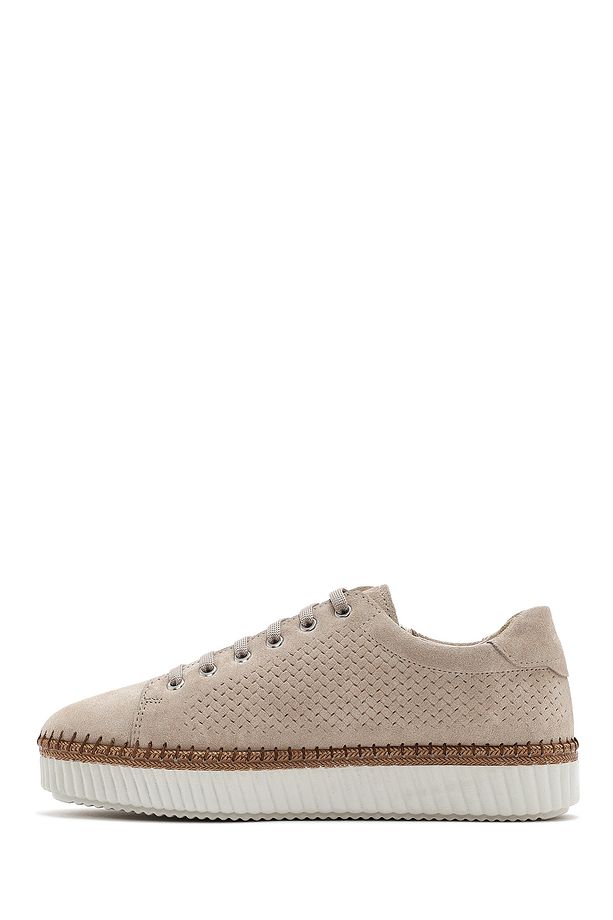 Kadın Bej Bağcıklı Kalın Tabanlı Süet Deri Sneaker 25SFD501810 - 2