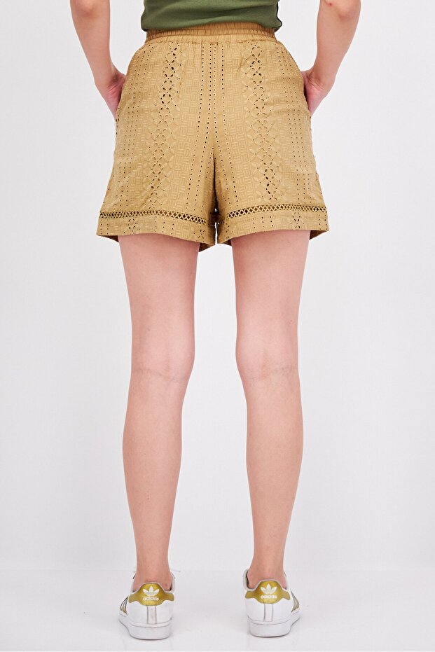 Women Textured Basic Shorts, Tan - 3