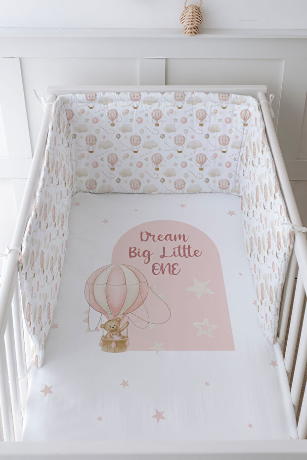 Baby Bedside Protector and Printed Sheet Sleeping Set - for Baby Series - Bear in a Pink Balloon