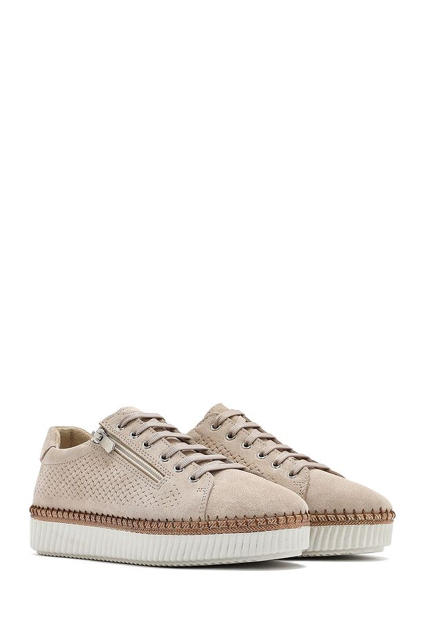 Kadın Bej Bağcıklı Kalın Tabanlı Süet Deri Sneaker 25SFD501810 - 3