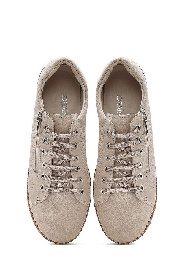 Kadın Bej Bağcıklı Kalın Tabanlı Süet Deri Sneaker 25SFD501810 - 7