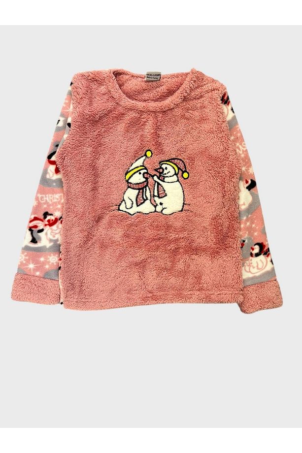 Kız Çocuk Pembe Kardan Adamlar Altı Gece Temalı Desenli Uzun Kollu Kışlık Polar Pijama Takımı - 4