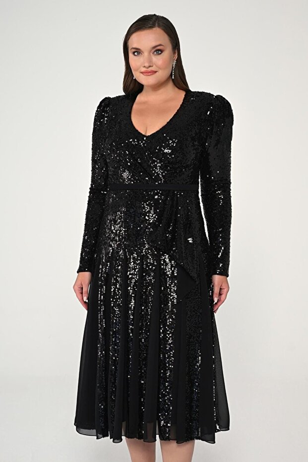 V Yaka Uzun Kollu Payet Midi Elbise - 1