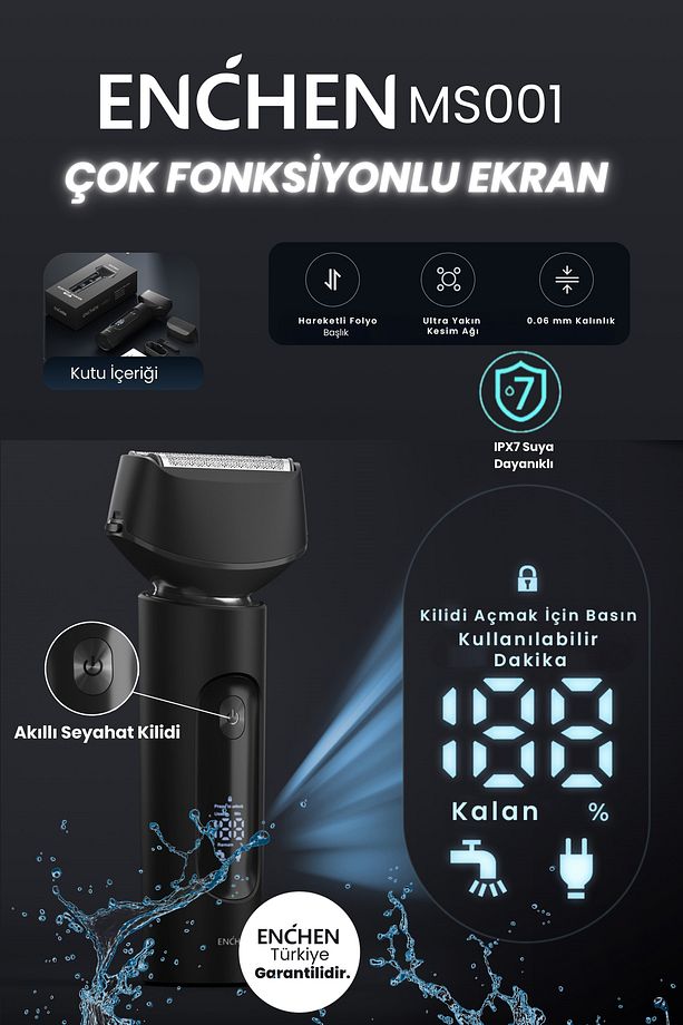 MS001 Siyah Dijital Ekranlı Ultra Yakın Kesim Folyo Başlıklı Şarjlı Tıraş Makinesi - 1
