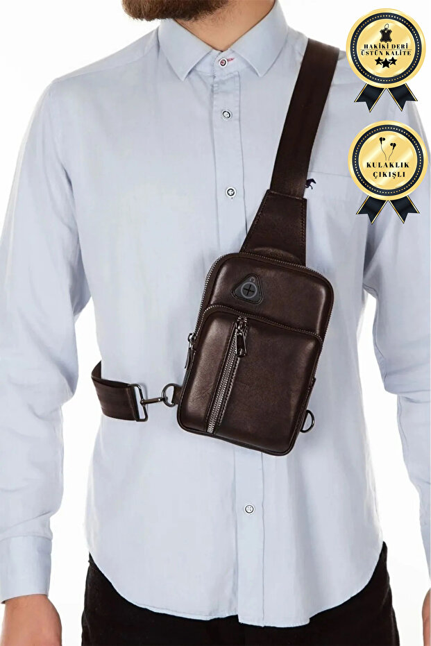 Men's Genuine Leather Crossbody Shoulder Bag with Phone Compartment and Headphone Outlet