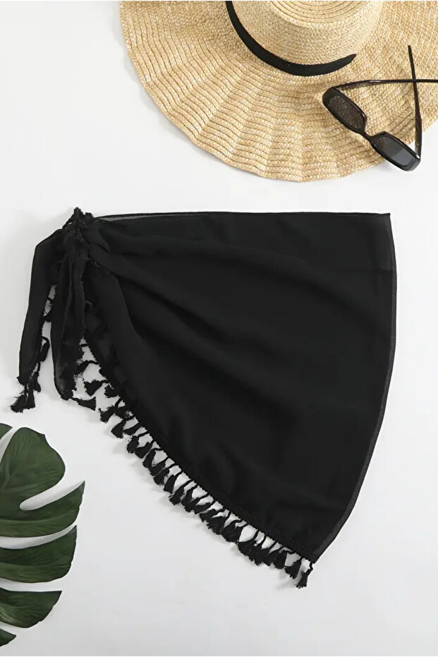 Black Chiffon Tassel Detailed Pareo