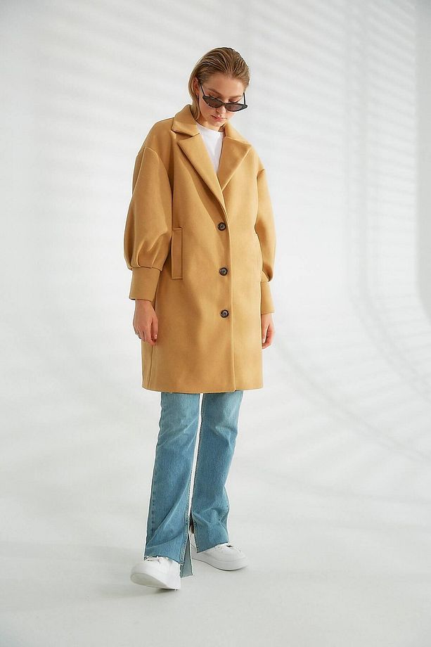 Kol Detaylı Cepli Kaşe Kaban Camel - 5