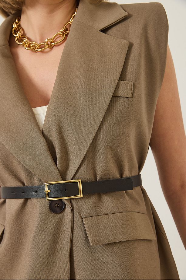 Kadın Cep Detaylı Kemerli Vatkalı Oversize Astarlı Blazer Yelek 11143 60281003 - 6