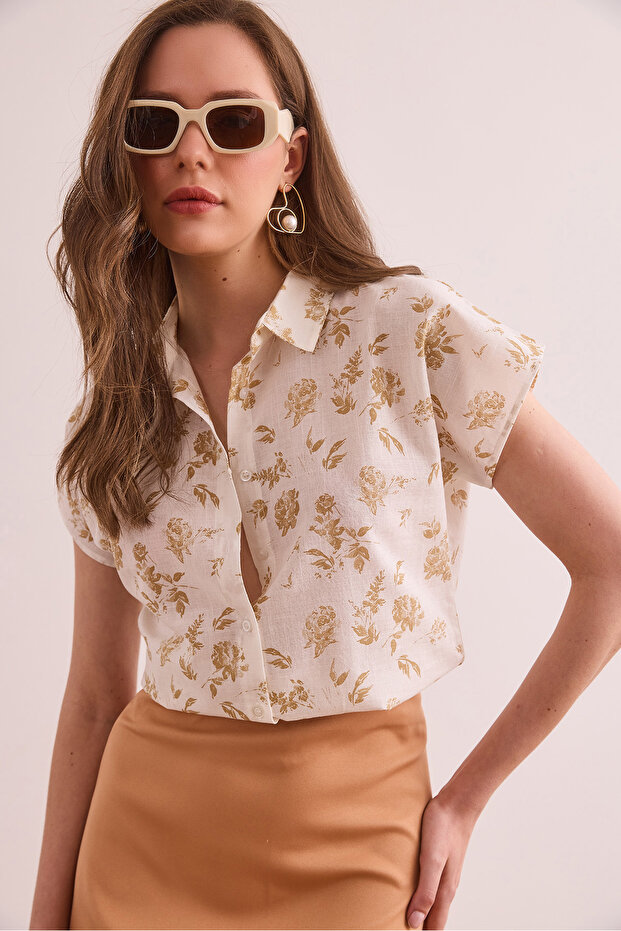 Women's Rose Beige Flared Linen Bat Shirt Gml- 19001317
