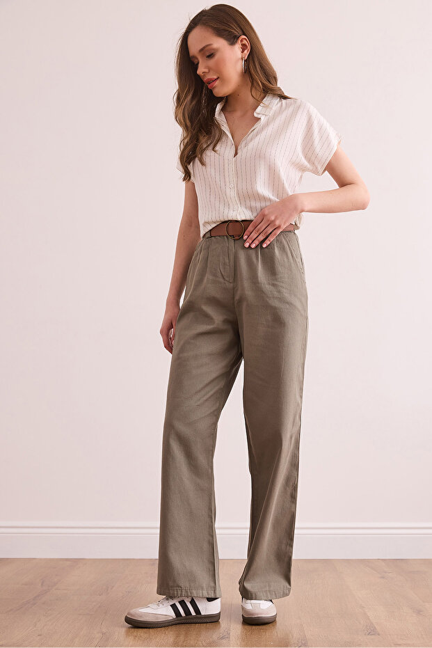 Women's Khaki Belted Pocket Elastic Back Gabardine Palazzo Trousers Pnt- 19000327