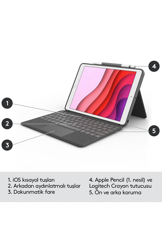 Combo Touch iPad 10.2 inç 7. ve 8. Nesil ile Uyumlu Çok Yönlü Klavyeli Kılıf - Gri - 6