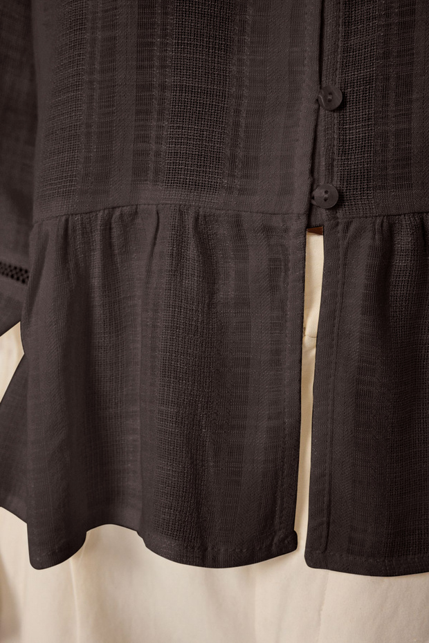 Kahverengi Pamuklu Dokulu Kolda Dantelli Oversize Boho Dokuma Gömlek TWOSS25GO00038 - 4