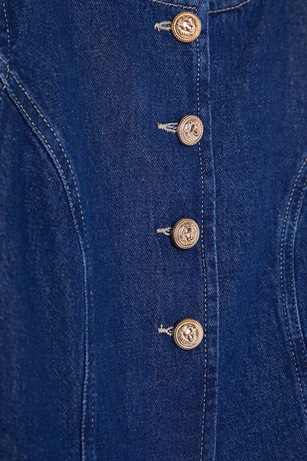 More Sustainable Koyu Mavi Gold Düğmeli Dikiş Detaylı Denim Yelek TWOSS25YE00001 - 7