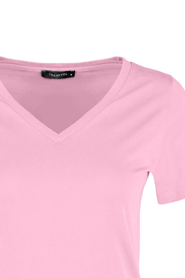 Pembe-Mint %100 Pamuk 2'li Paket Basic V Yaka Örme T-Shirt TWOSS23TS00002 - 12