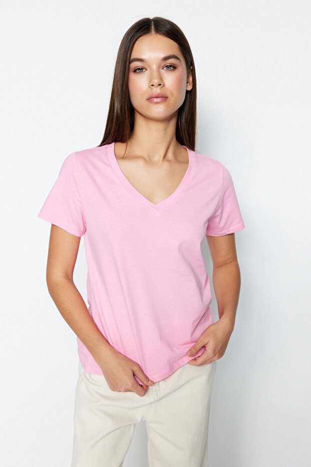 Pembe-Mint %100 Pamuk 2'li Paket Basic V Yaka Örme T-Shirt TWOSS23TS00002 - 8