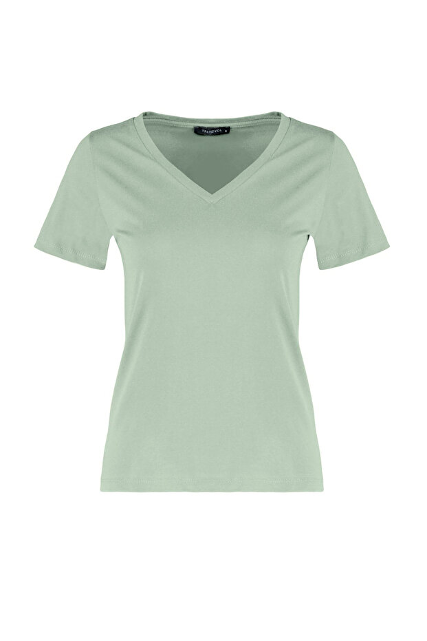 Pembe-Mint %100 Pamuk 2'li Paket Basic V Yaka Örme T-Shirt TWOSS23TS00002 - 13