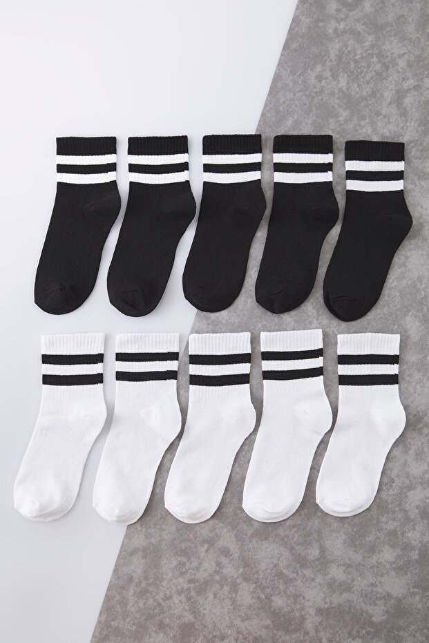 Siyah-Beyaz Unisex 10'lu Çizgili Pamuklu Kolej/Tenis Boy Nefes Alan Yazlık Çorap TMNSS25CO00019 - 2