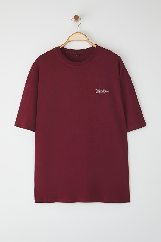 Bordo Oversize %100 Pamuklu Bisiklet Yaka Minimal Yazı Baskılı Tok Kumaş T-shirt TMNSS23TS00084 - 7