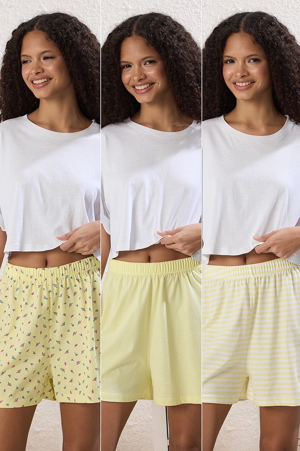 Sarı-Çok Renkli 3'lü Paket %100 Pamuklu Çiçekli ve Çizgili Örme Pijama Altı THMSS25PJ00014 - 1