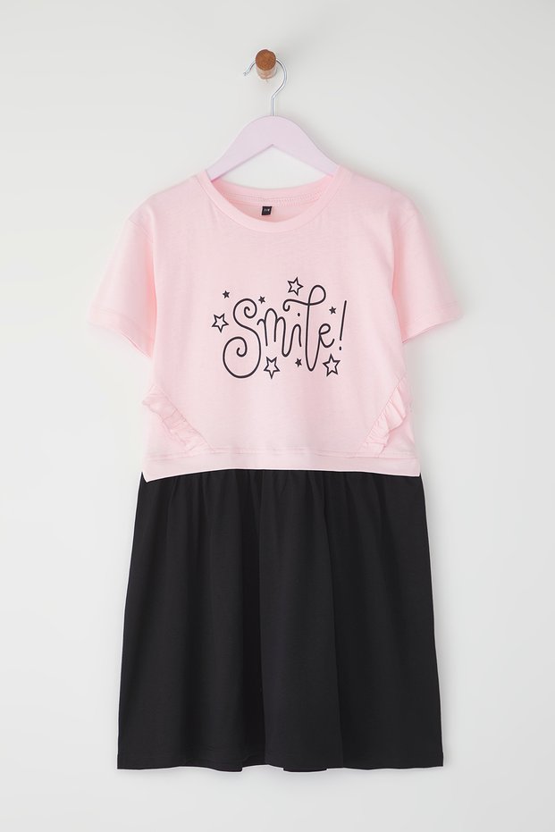 Powder Female Child 100% Cotton Slogan Printed Short-Sleeve Mini Knitted Dress Tkdss25El00089