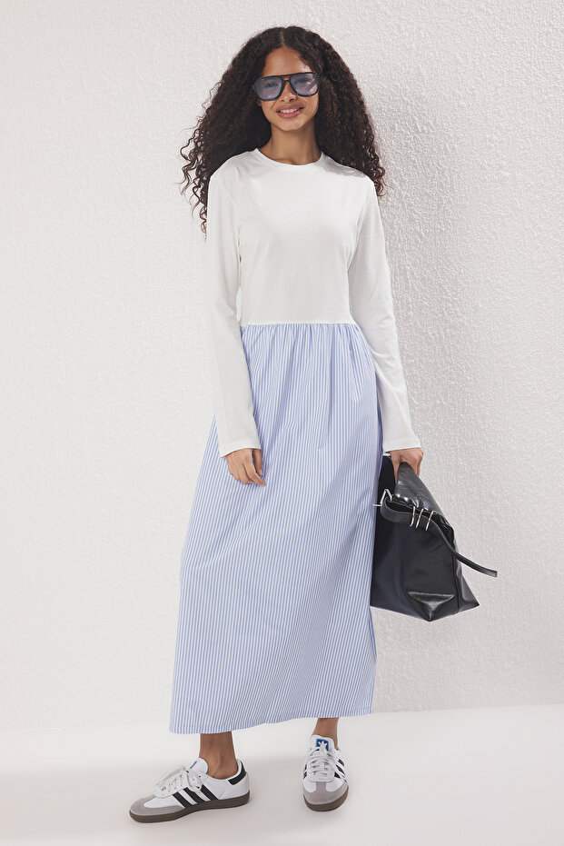 Blue Striped Woven Fabric Skirted Single Jersey Knitted Dress Tctss25Eb00146