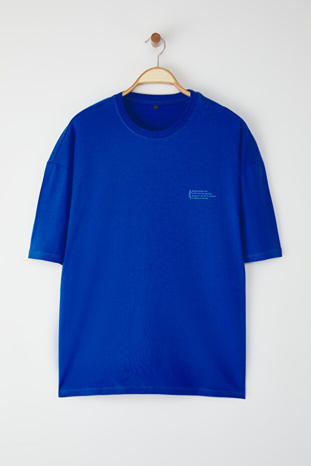 Saks Oversize %100 Pamuklu Bisiklet Yaka Minimal Yazı Baskılı Tok Kumaş T-shirt TMNSS23TS00084 - 6